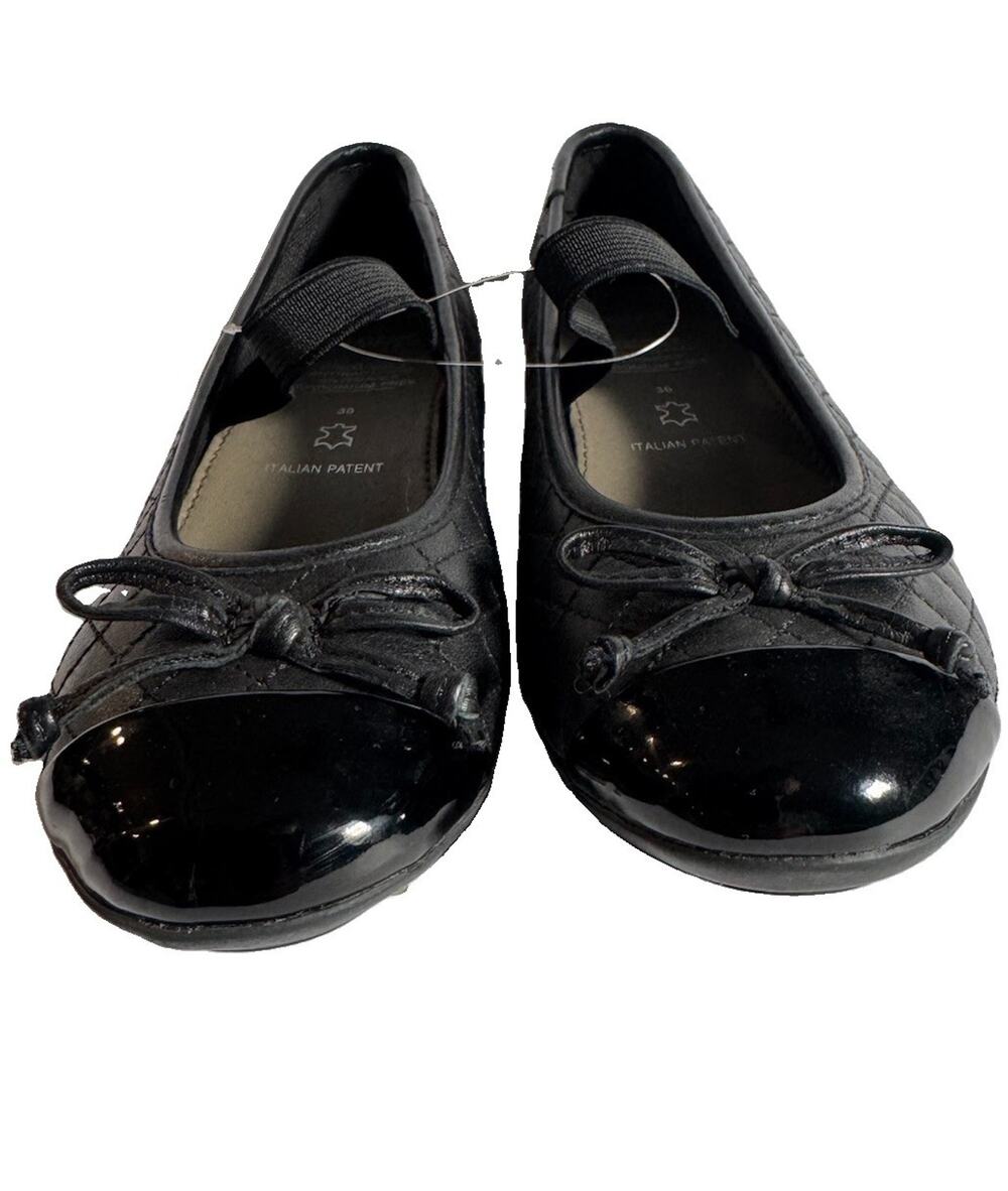 Geox Respira Girls Black Leather Ballet Flats Bow Patent Cap Toe EU 30